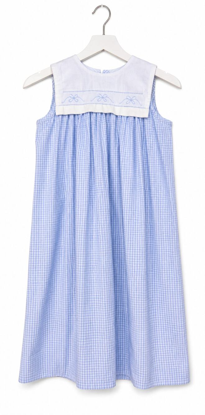 Peaches 'n Cream Girls Dress Size 8 Blue Gingham Embroidered Bows 100% Cotton